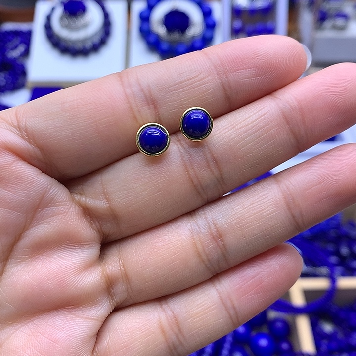 青金石耳钉银S925镀金镶嵌