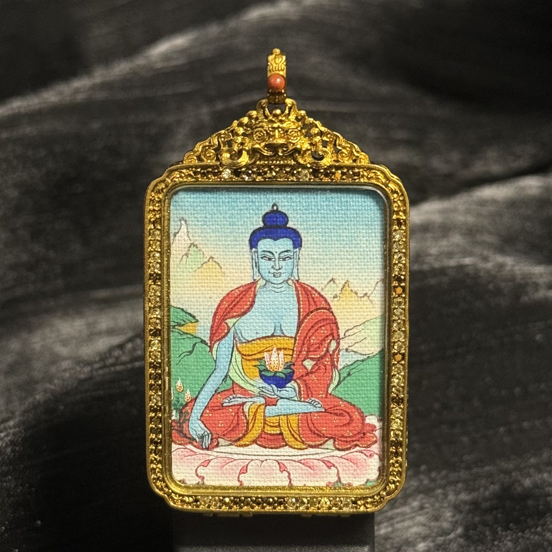 大师纯手绘矿物颜料西藏噶玛噶赤药师佛唐卡2.5*3.5