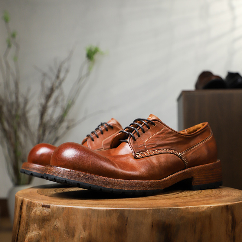 手工水洗马皮鞋男痞帅高级大头男士固特异厚底增高休闲皮鞋子婚鞋