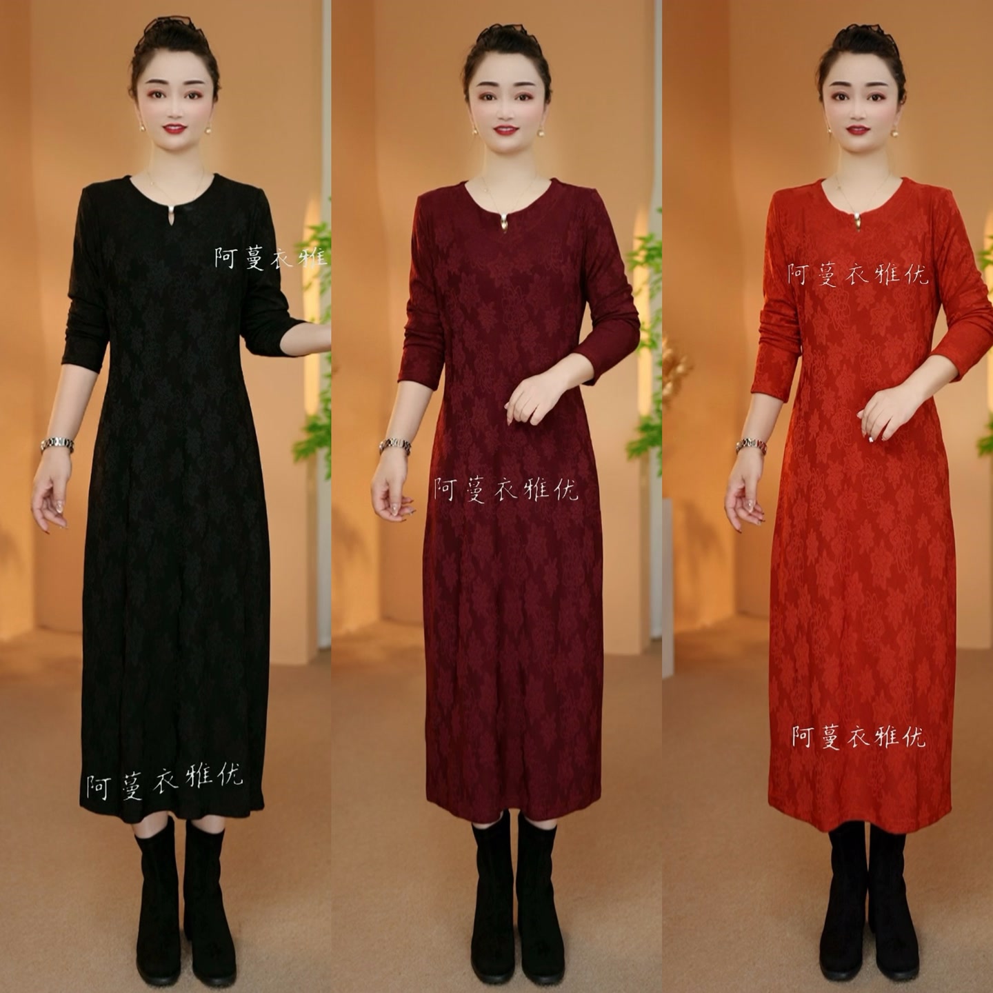 【衣雅严选】新款原版正版云锦丝提花长袖圆领连衣裙8080-2344