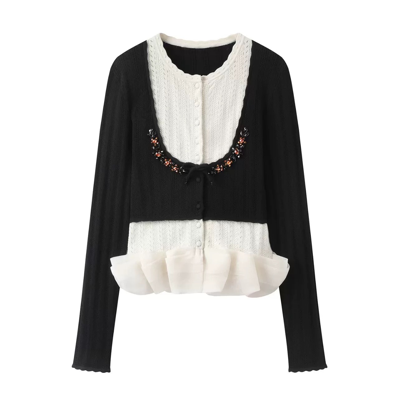 【D132】2025秋季新款时尚气质百搭撞色钉珠针织开衫