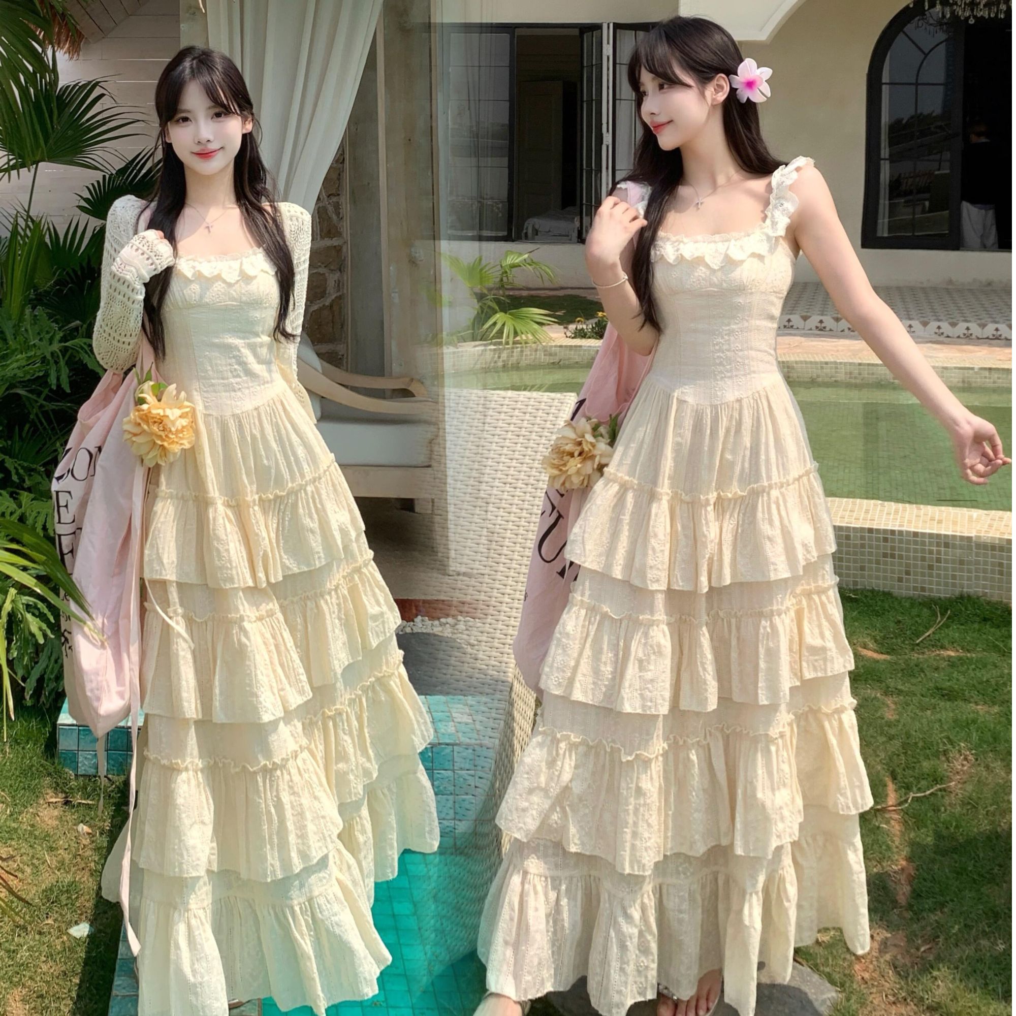 8303 法式小飞袖蕾丝拼接大裙摆度假超仙蛋糕裙＋开衫件套