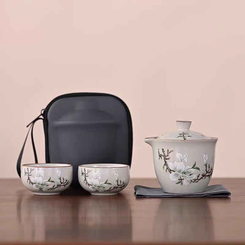Y—043玉兰花黄汝窑旅行茶具套装便捷式可开片一壶三杯