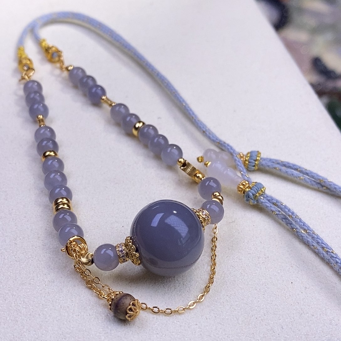 颈饰未镶嵌和田玉烟紫老矿料冰底香芋紫圆珠锁骨链16m