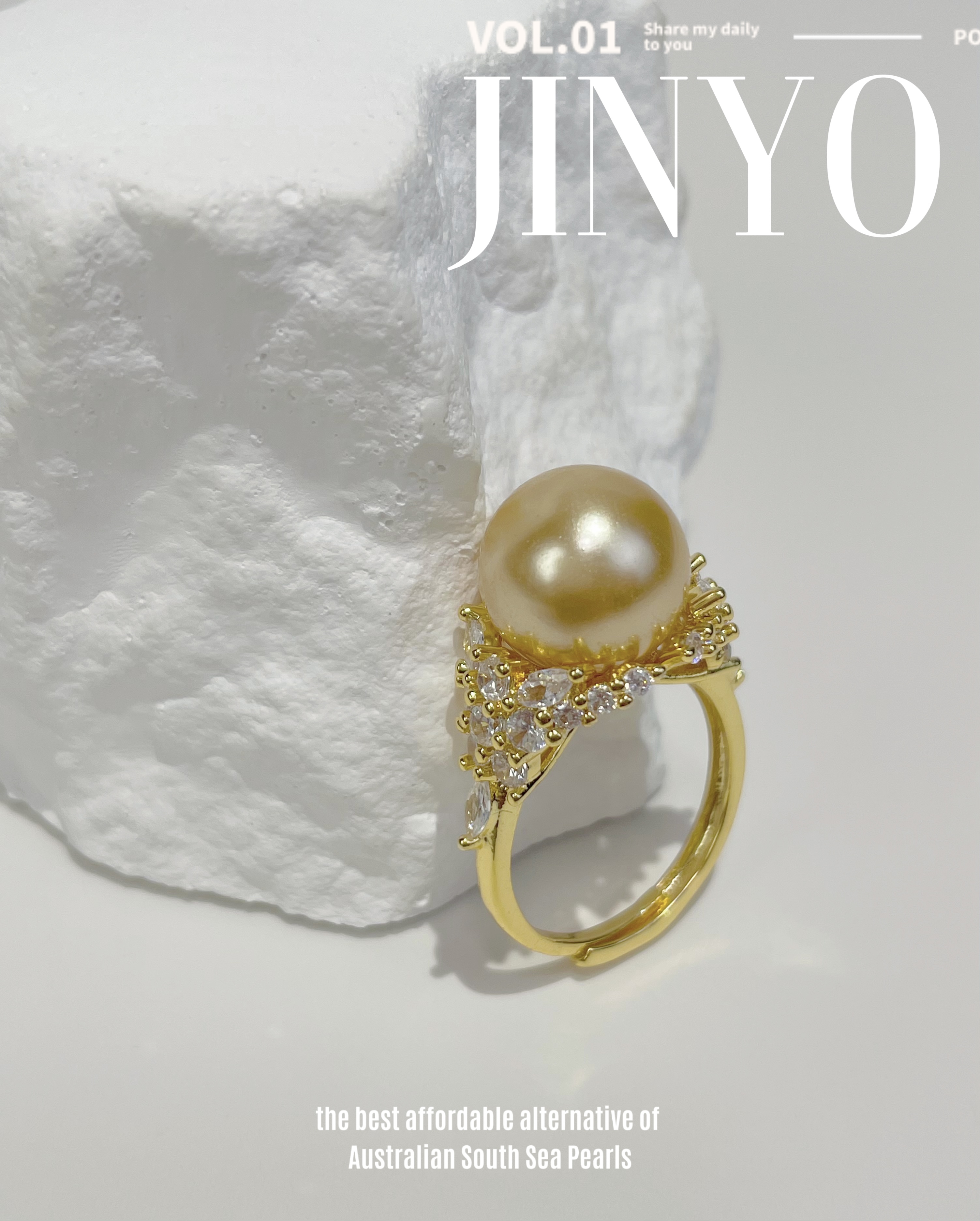 925银戒指 【澳洲母贝珠】冰雪女王12mm南阳金色轻奢时尚百搭法式