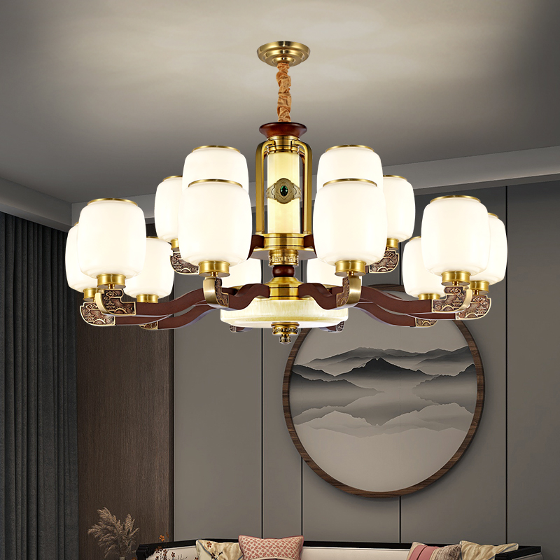 2025新中式实心铜加玉石胡桃木系列简约禅意大气客厅餐厅吊灯