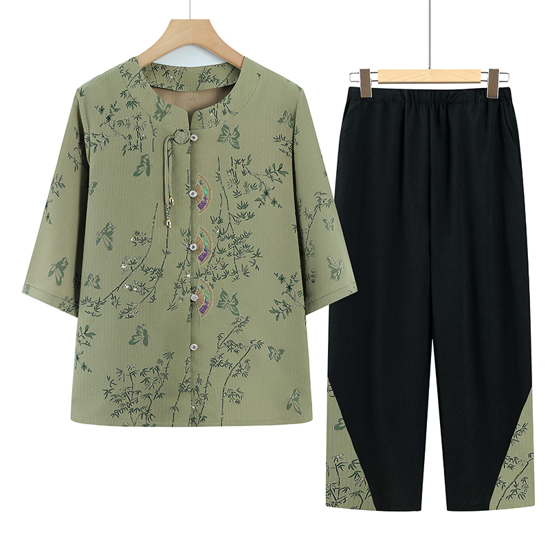 奶奶夏装套装女中老年人冰丝短袖衬衫妈妈夏天衣服老人老太太宽松