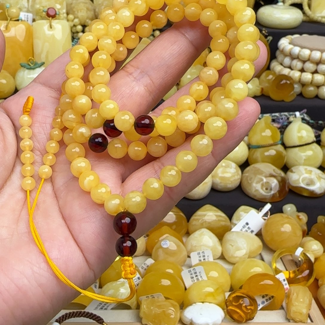 蜜蜡手串未镶嵌天然俄料鸡油黄蜜蜡108粒佛珠手链