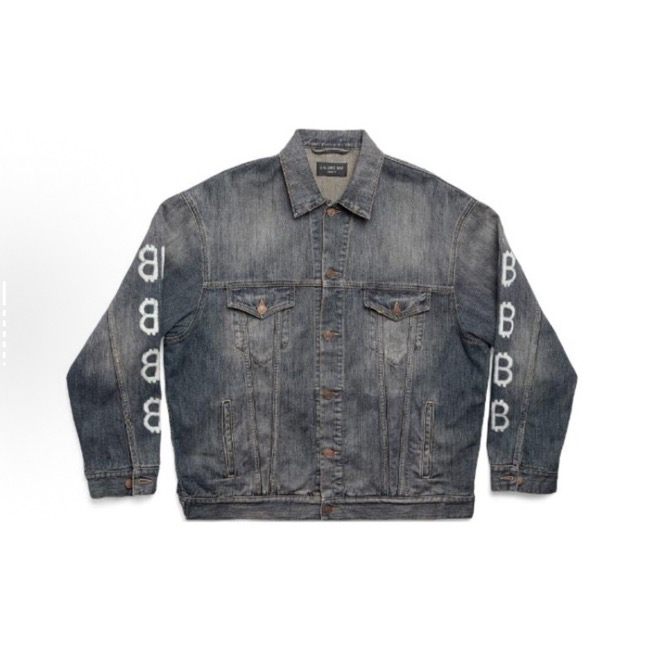 99新 Balenciaga/巴黎世家 双B印花麒麟臂牛仔外套 XS码 