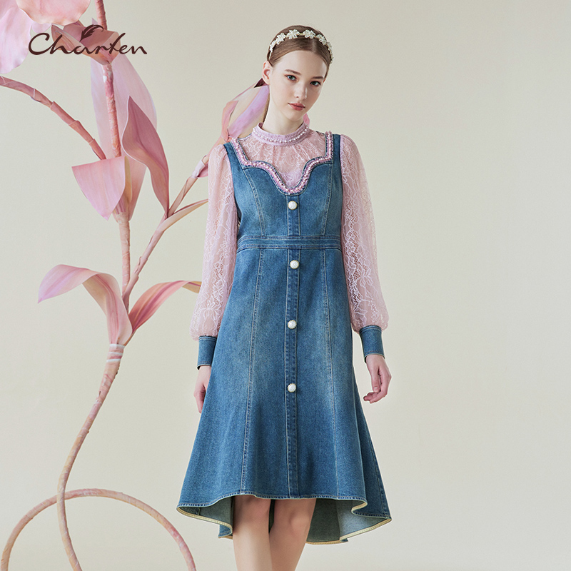 【达人专属】朝峰朝峰蕾丝泡泡袖长袖牛仔连衣裙CFE1C127-1036G