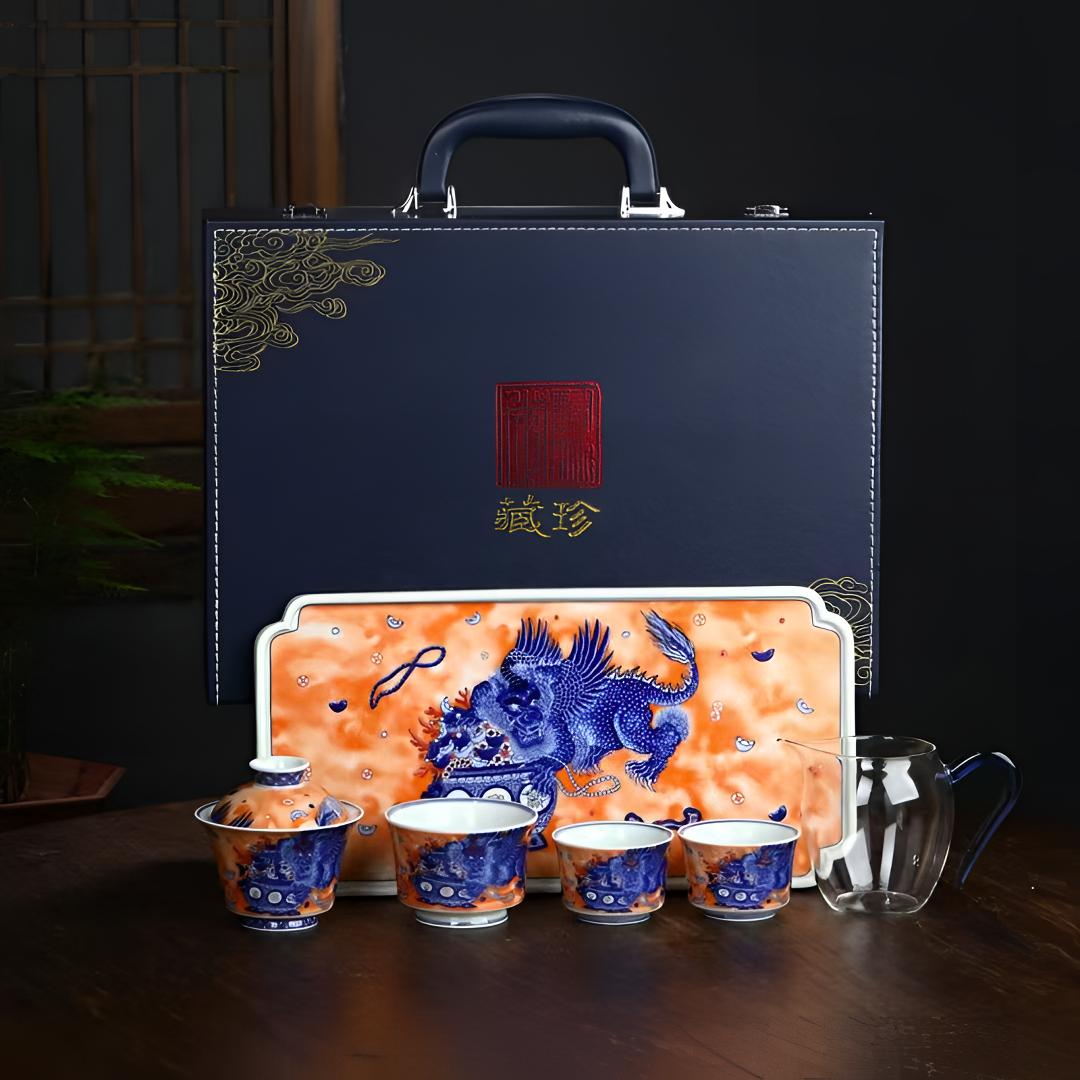 景德镇手工制作釉下彩描金貔貅献瑞六件套高端送礼自用礼盒装