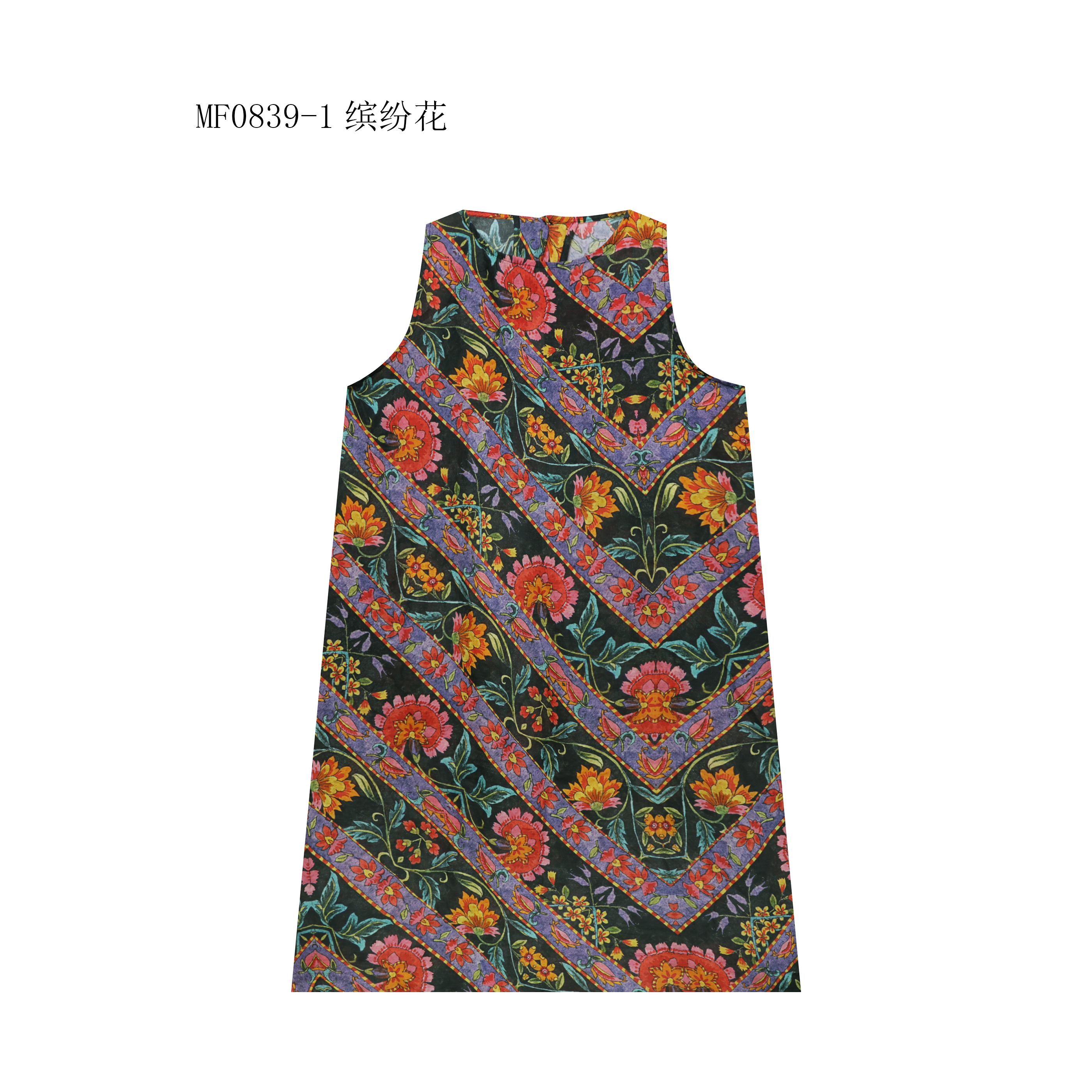 【麻訪家】MF0839-1缤纷花文艺印花优雅宽松休闲无袖连衣裙