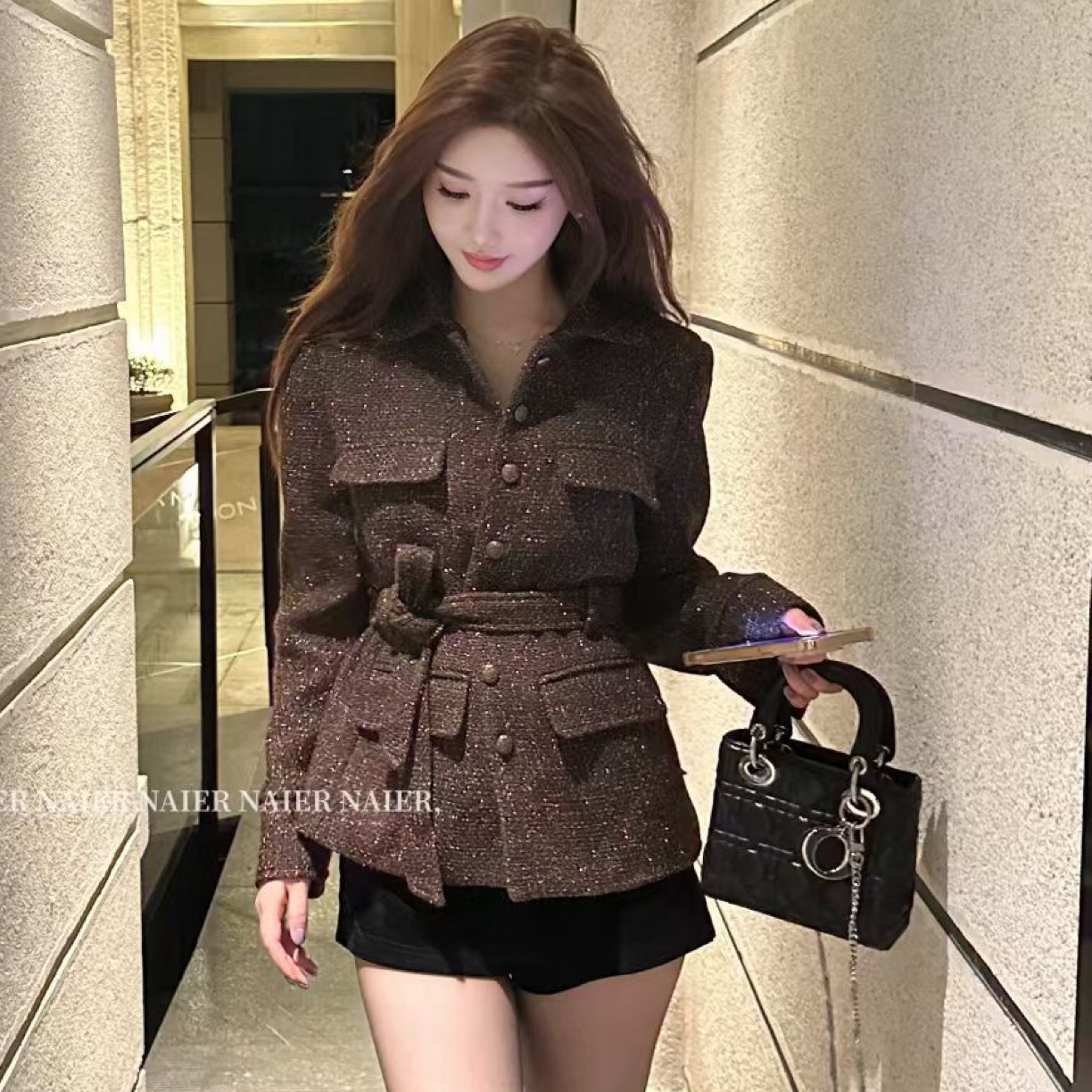 翻领不起球秋季中等长袖女短外套气质轻奢法式设计师