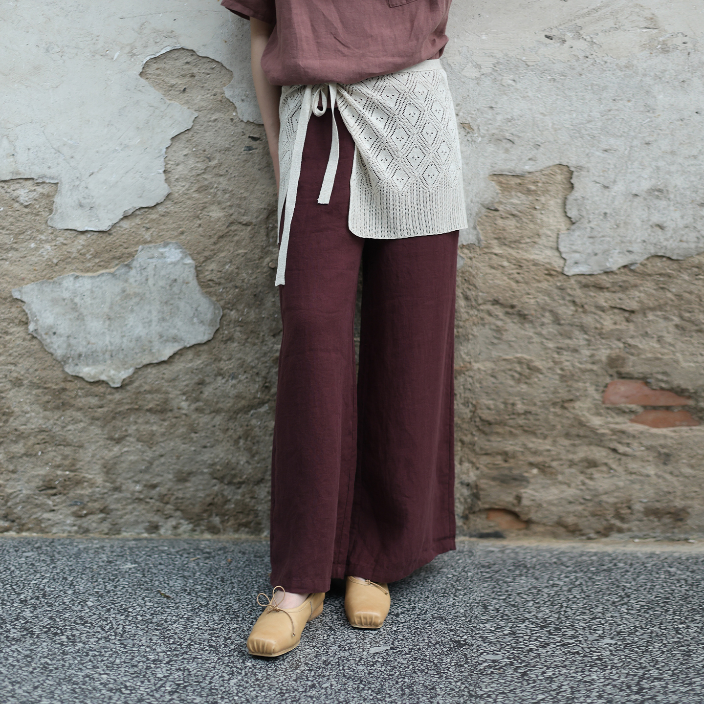 310朵/【甜茶系列】采茶裤亚麻全松紧腰系带毛边装饰微喇长裤