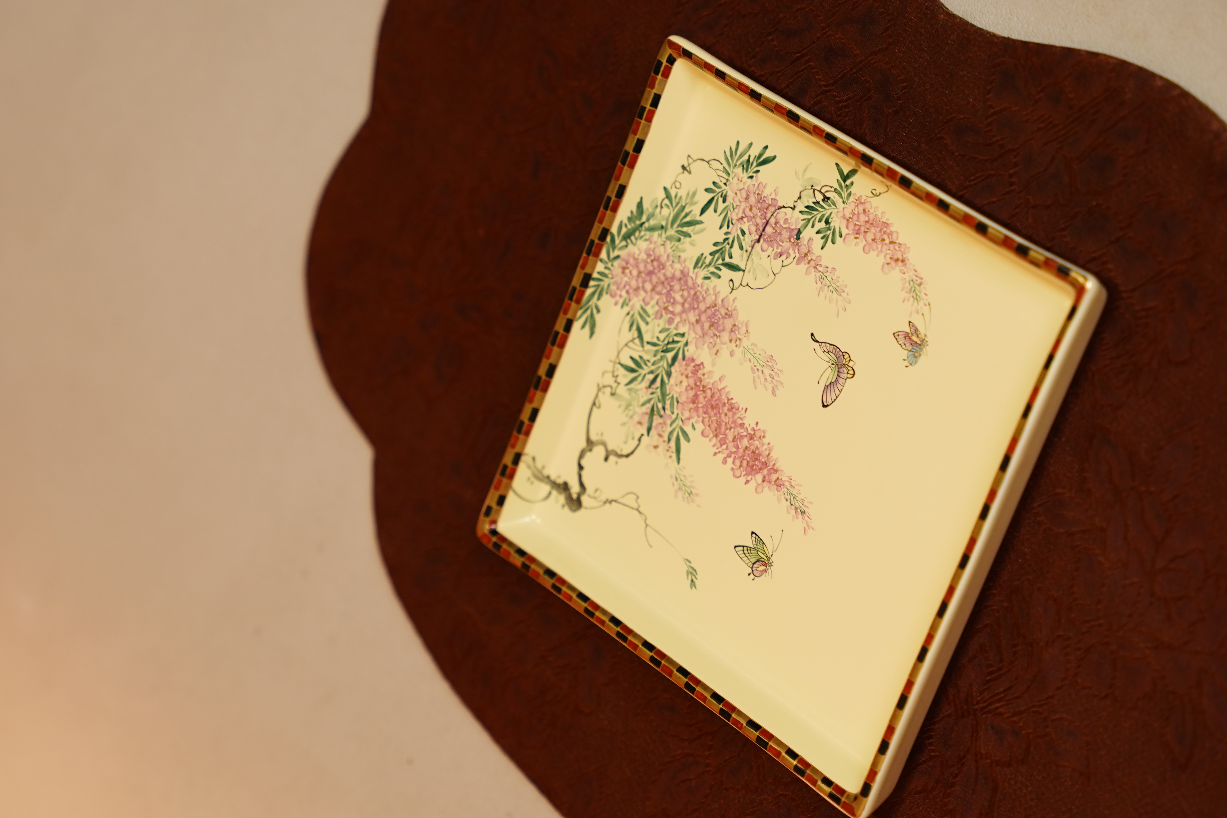 华隐堂  松花黄蝴蝶紫藤花四方壶承  茶具茶道纯手工手绘家用陶瓷