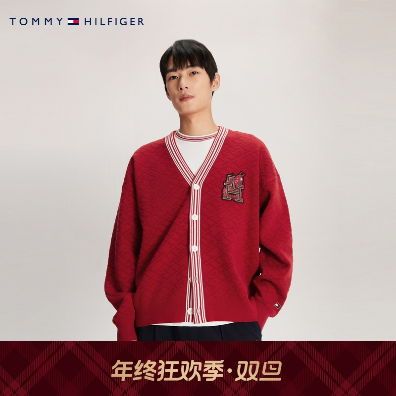 Tommy秋冬男女含羊毛混纺刺绣宽松镶边V领红色开衫外套毛衣34196