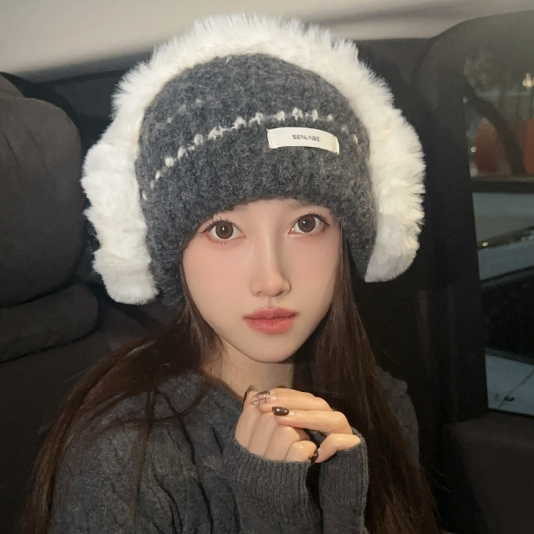 韩版条纹针织毛绒毛线帽女冬季保暖显脸小百搭包头冷帽冬天户外潮
