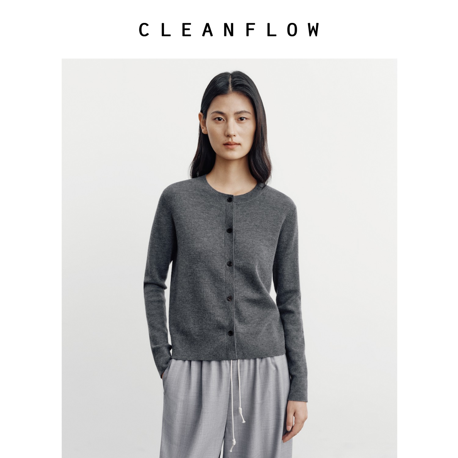 CLEANFLOW | 精纺羊绒极简单排扣气质针织衫女小个子2024冬季新款