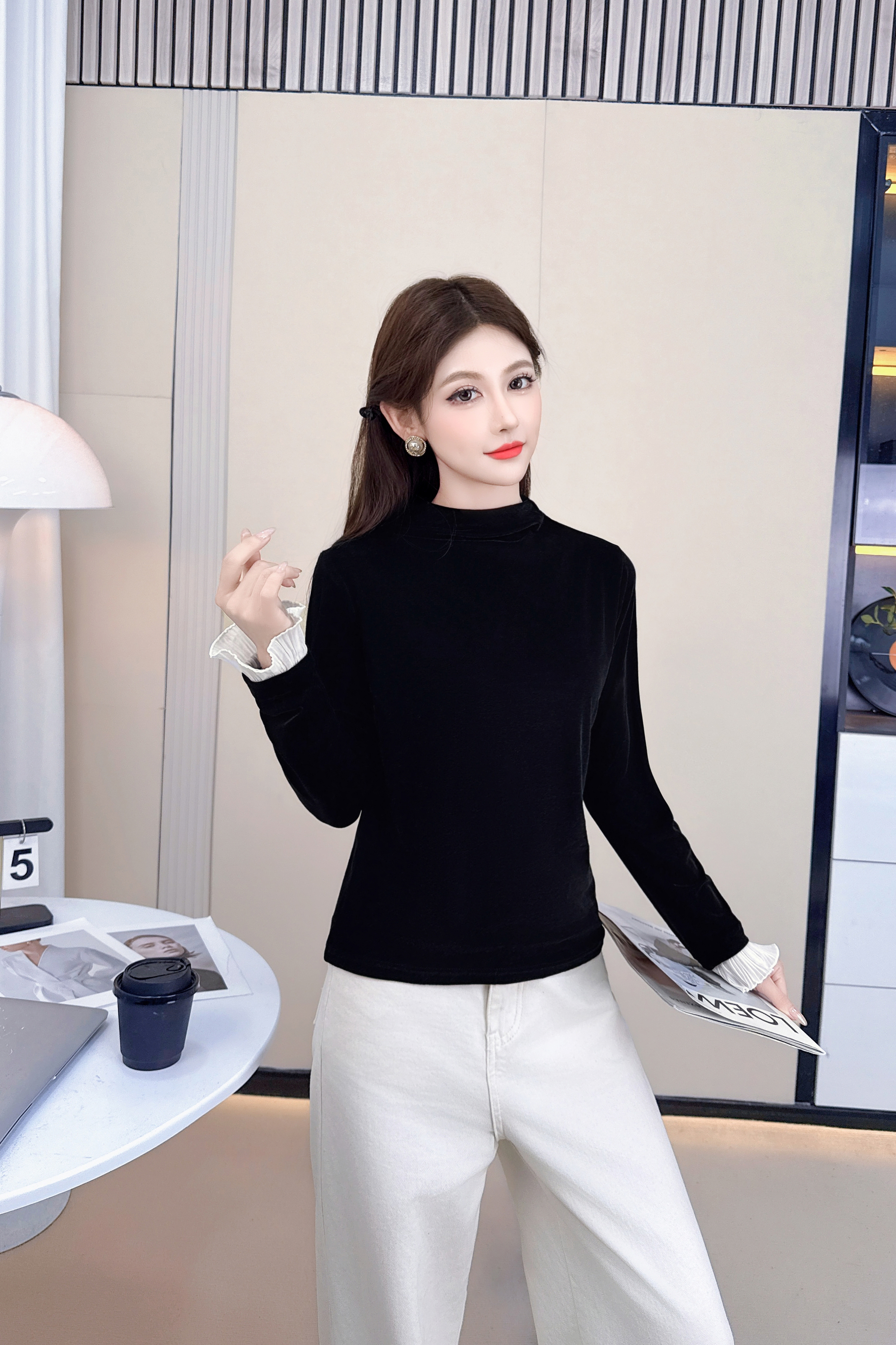 25315#2025新款时尚气质显瘦丝绒长袖打底衣