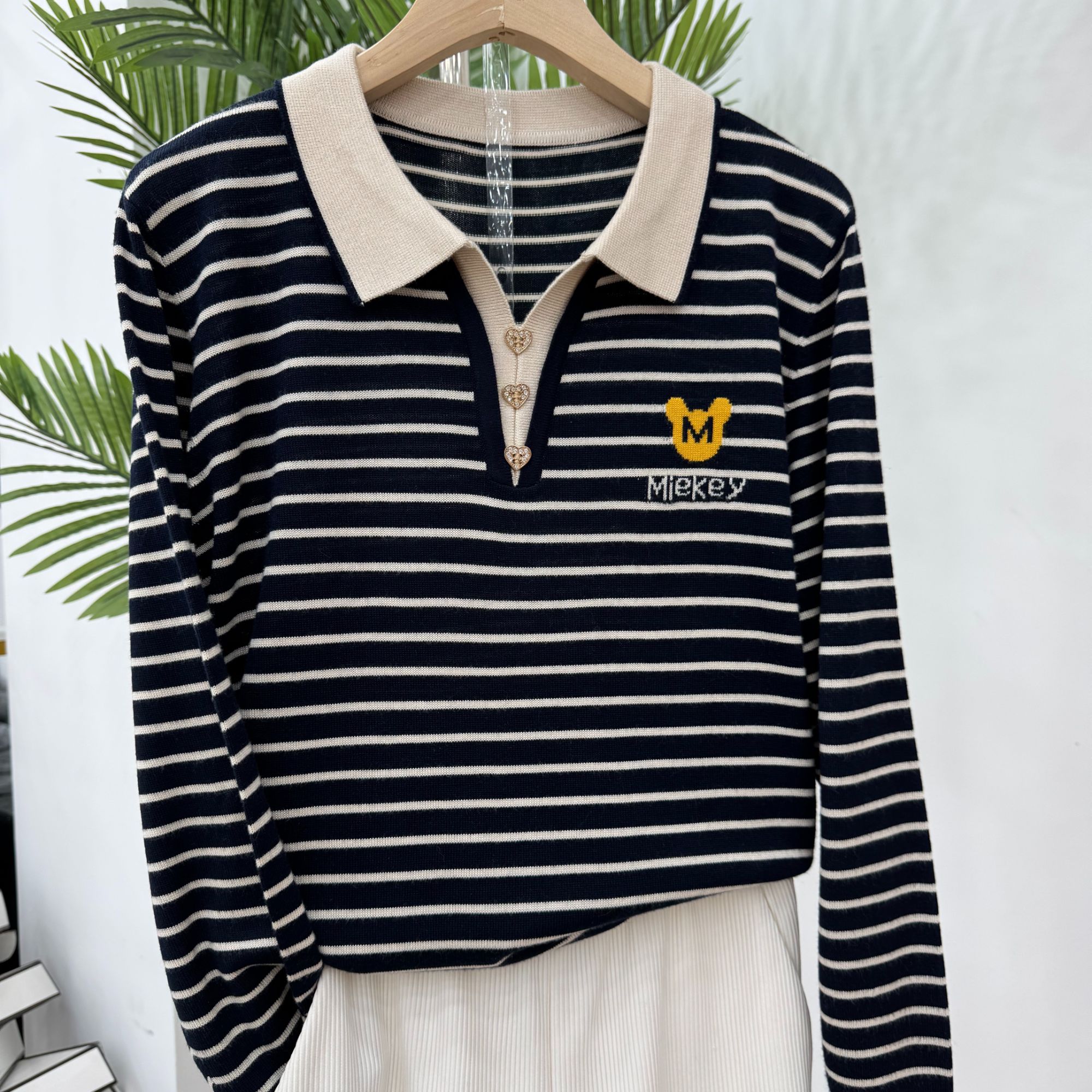 【米奇-条纹】春秋款时尚百搭条纹刺绣针织衫女上衣