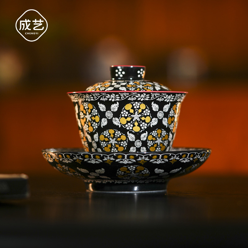 金银福禄三才盖碗描金珐琅彩轻奢高档陶瓷高温瓷泡茶碗