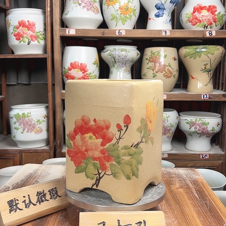 摆件四方盆陶泥牡丹款陶瓷陶瓷