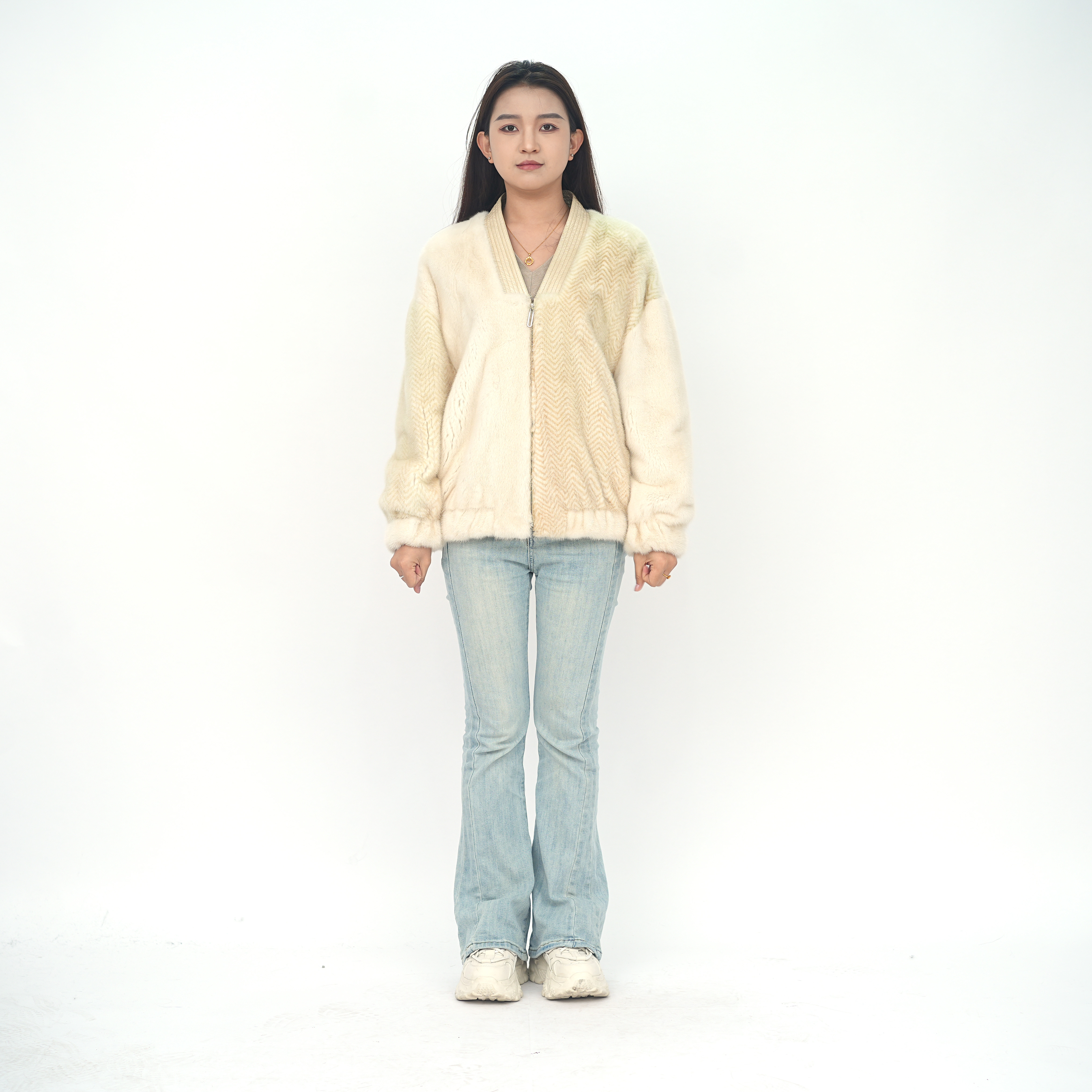 水貂拼色外套进口V领皮草短款长袖女士 2008