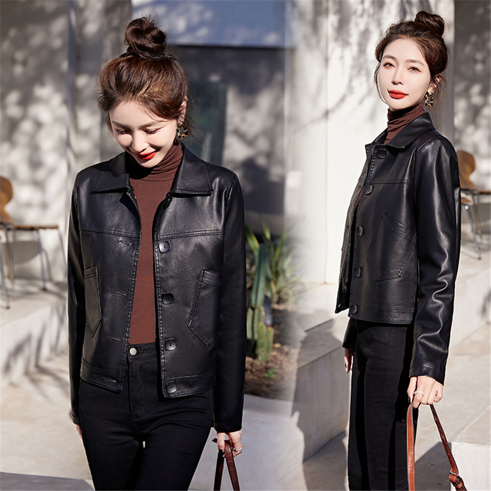 2025年春秋新款女士八扣休闲皮衣外套时尚排扣薄款女装