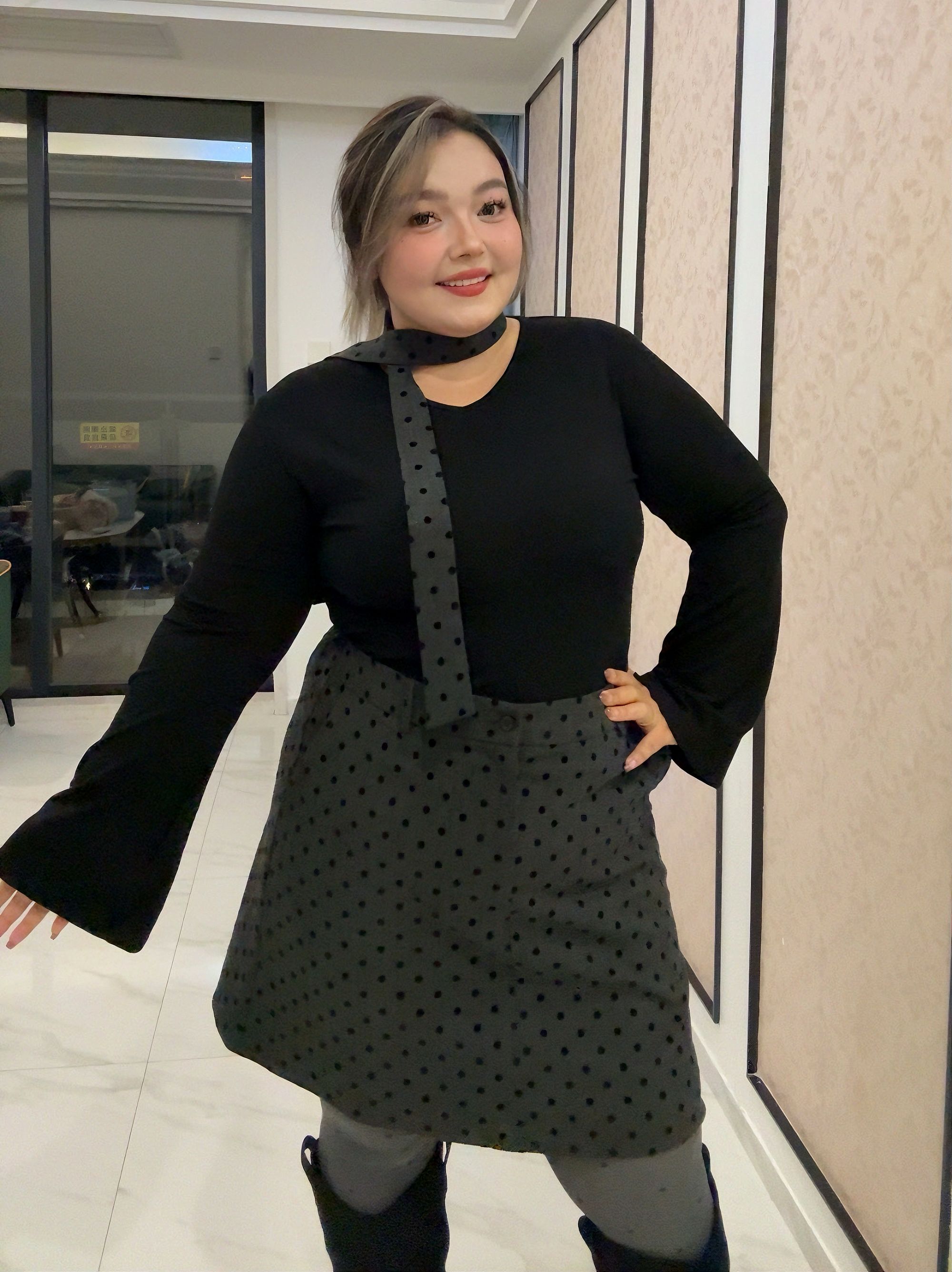 【两件套】大码显瘦波点半裙针织上衣两件套