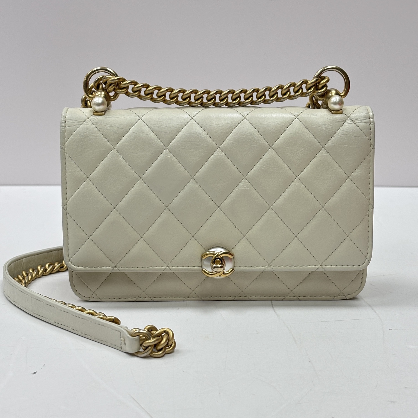 95新 Chanel/香奈儿 白金珍珠woc链条单肩斜挎包 28开 15237