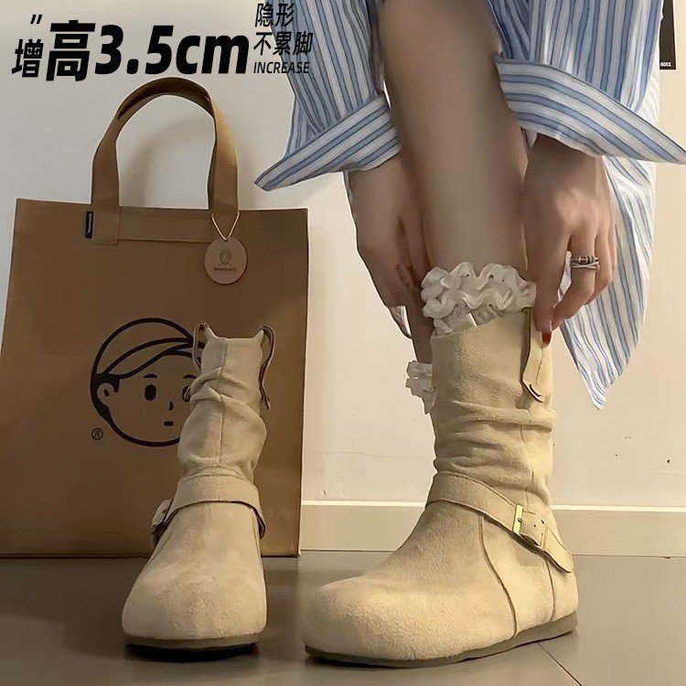 圆头复古皮带扣绒面马丁靴女2025秋季新款百搭显瘦内增高勃肯短靴