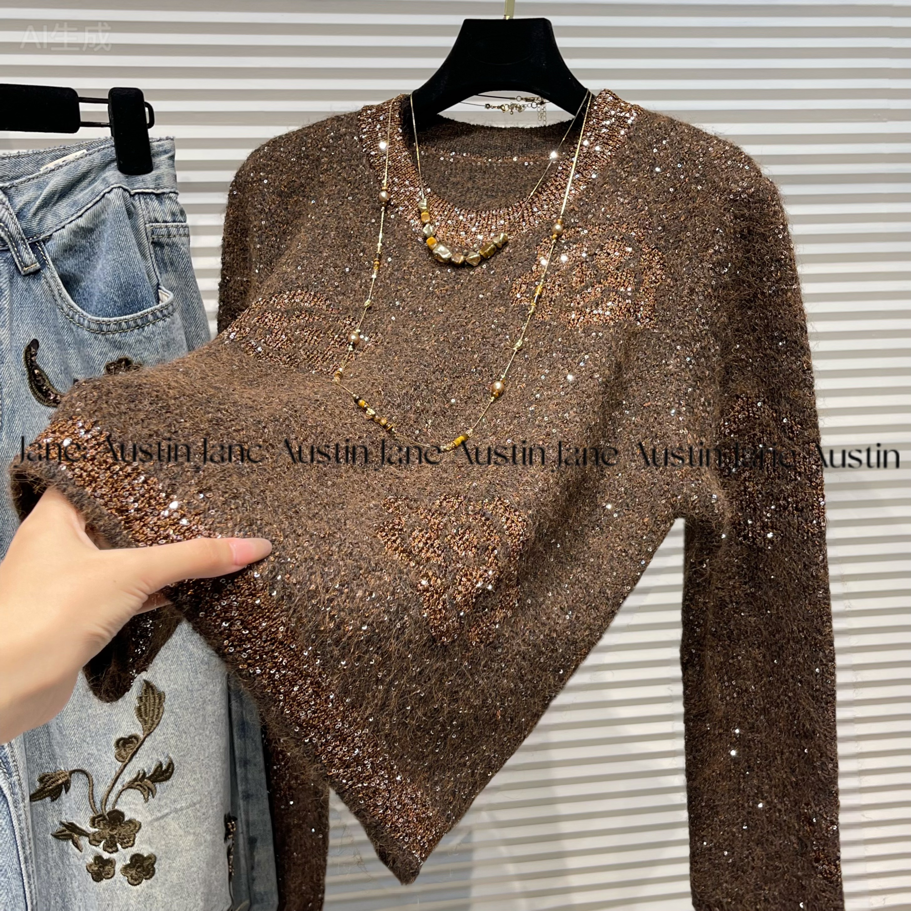 Jane Austin.10组（鎏金夜语）2025秋冬法式珠片百搭时尚针织毛衣