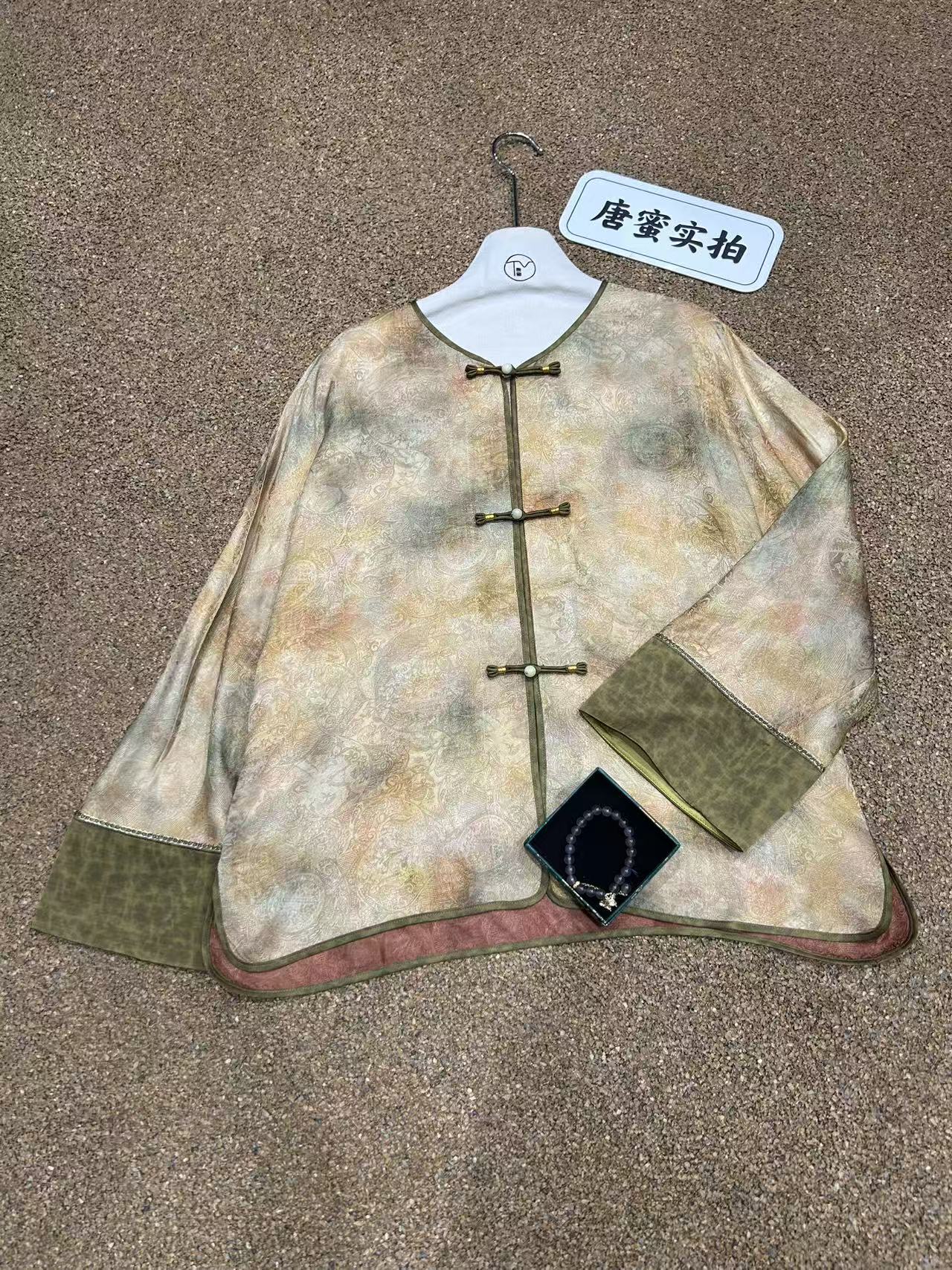 【3201】中式复古人丝外套绿色衬衣提花2025秋季新款