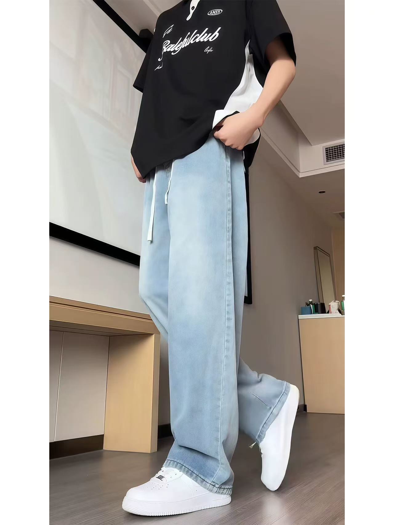 2938 牛仔裤夏季直筒裤子抽绳阔腿裤春秋洋气