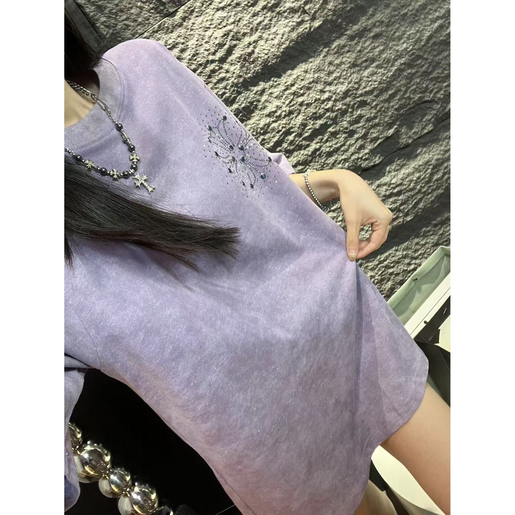 【清仓】春夏新款散粉满天星兰花紫烫钻短袖T恤情侣款上衣