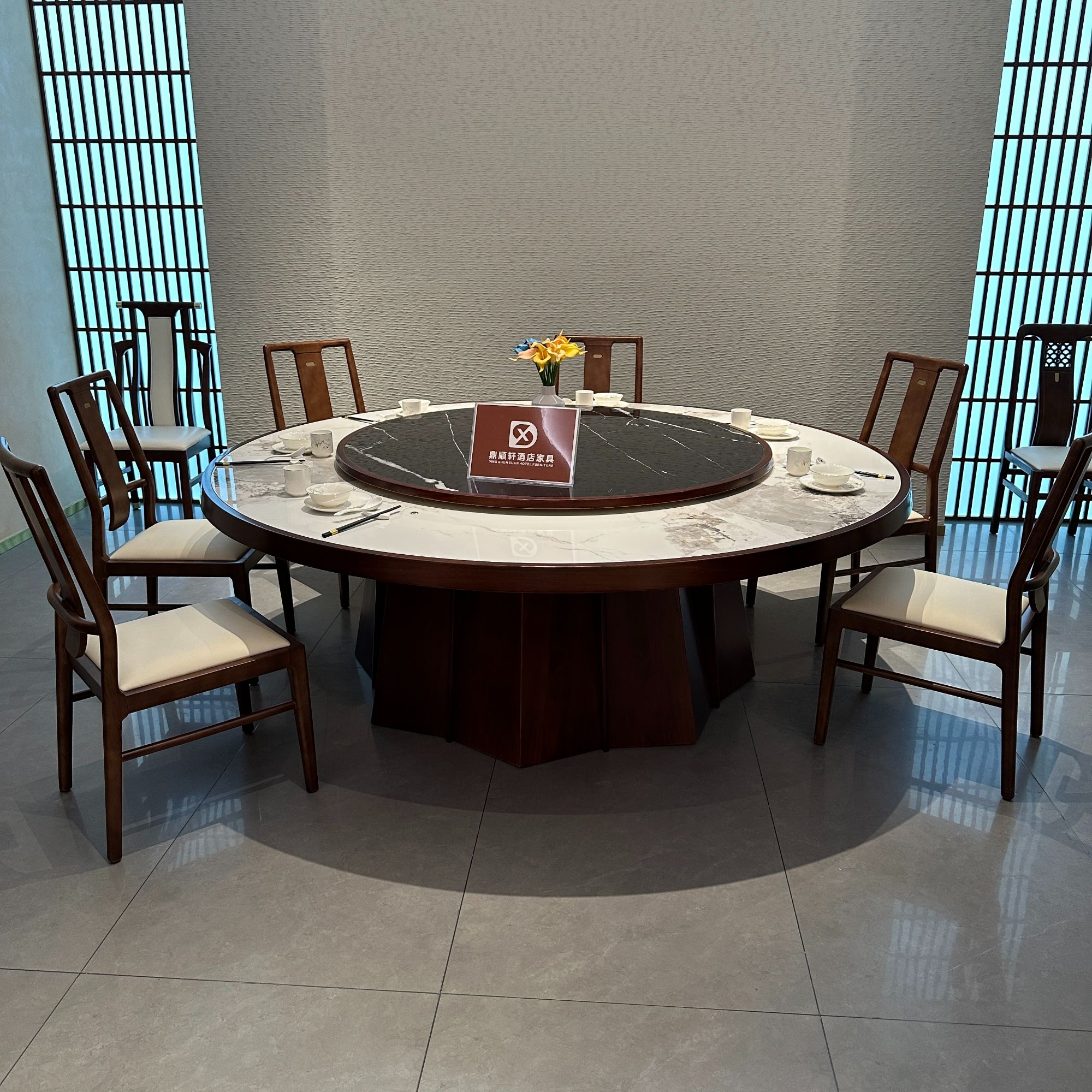 新中式火锅酒店餐桌大圆桌饭店电动大餐桌圆桌20人15人岩板