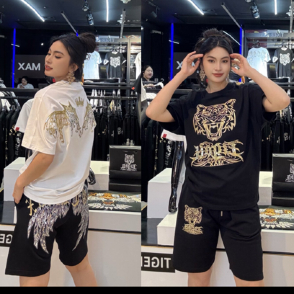 TIGERMAX 潮牌2025新款男女同款金色珠片翅膀短袖短裤