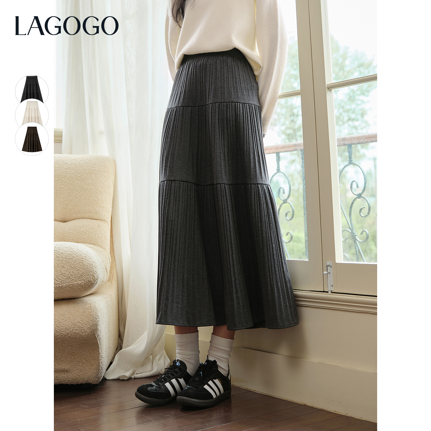 【芋总专属】LAGOGO诗意浪漫风琴褶长款半裙女冬新款OCBB339WQ4