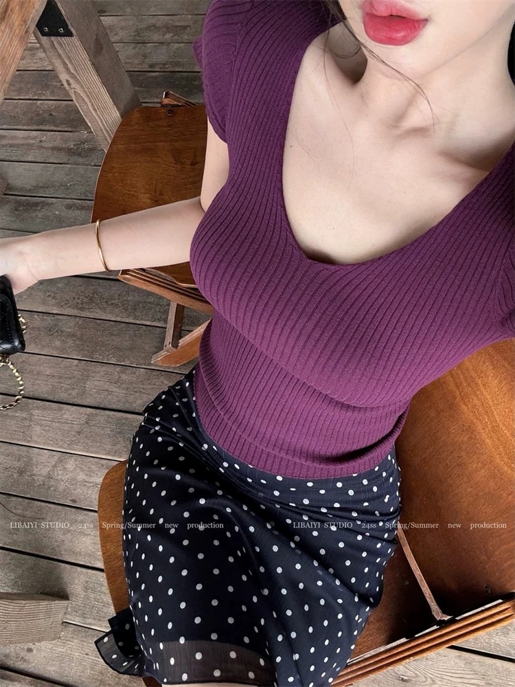 紫色v领短袖针织T恤女夏季基础款修身内搭纯欲紧身收腰显身材上衣