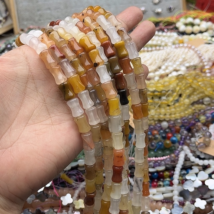 玛瑙/玉髓珠宝半成品未镶嵌一条8/12mm金丝玉竹节几颗有瑕