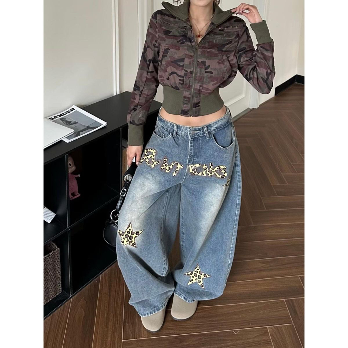 美式辣妹复古豹纹星星印花牛仔裤女2025秋季新款宽松百搭阔腿长裤