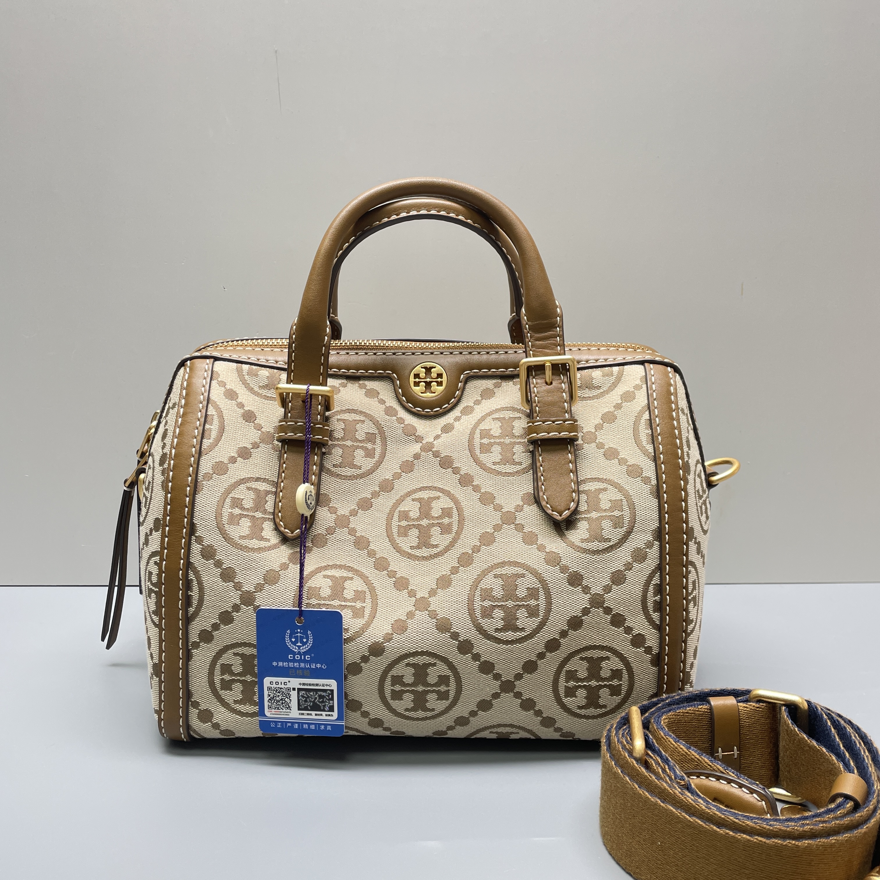95新 TORY BURCH/汤丽柏琦 棕老花大号波士顿包25*20*16E110804