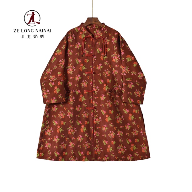 25113中式典雅文艺复古春秋中长款风衣碎花