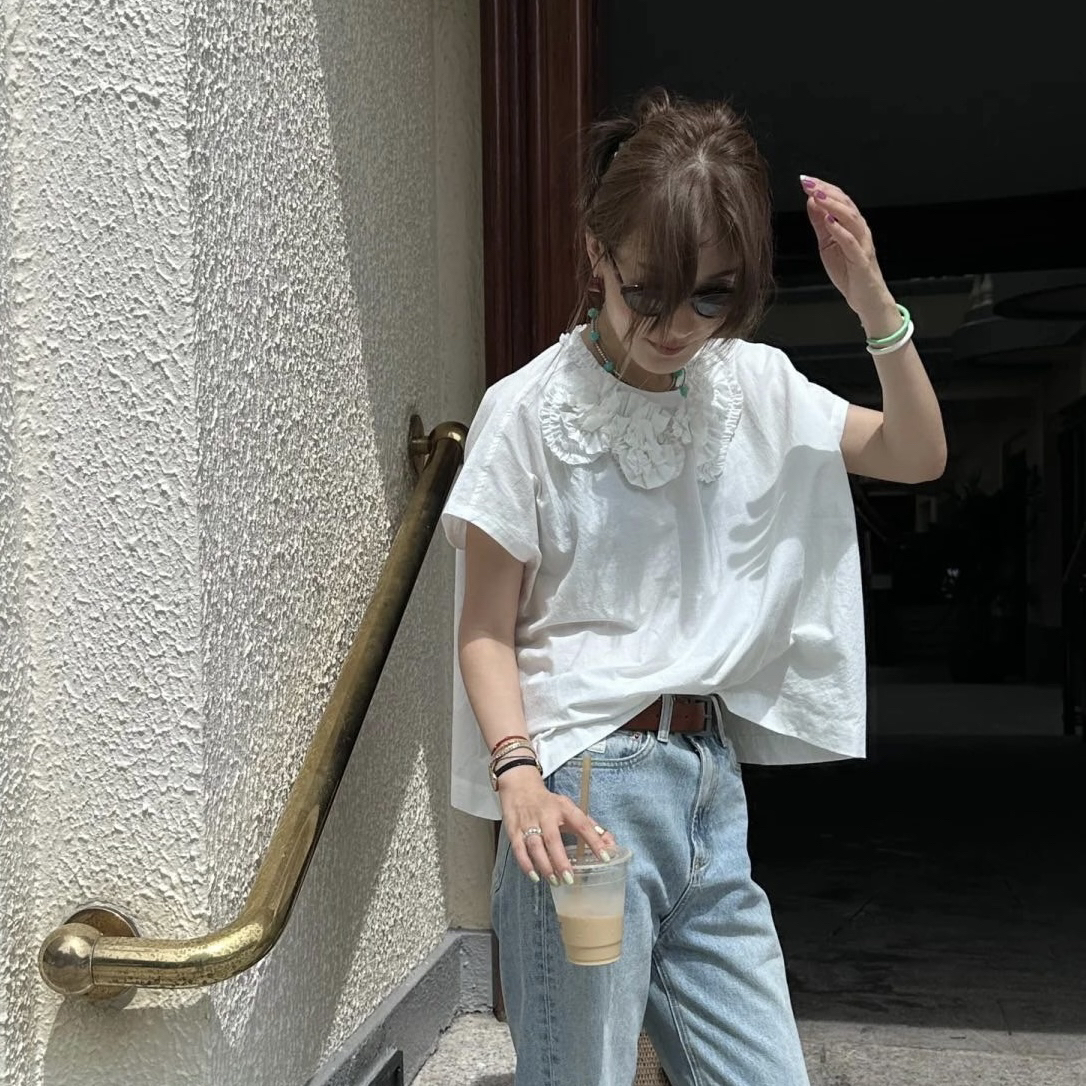 45限定款胸前立体玫瑰花日系松弛休闲感无袖纯棉衬衫