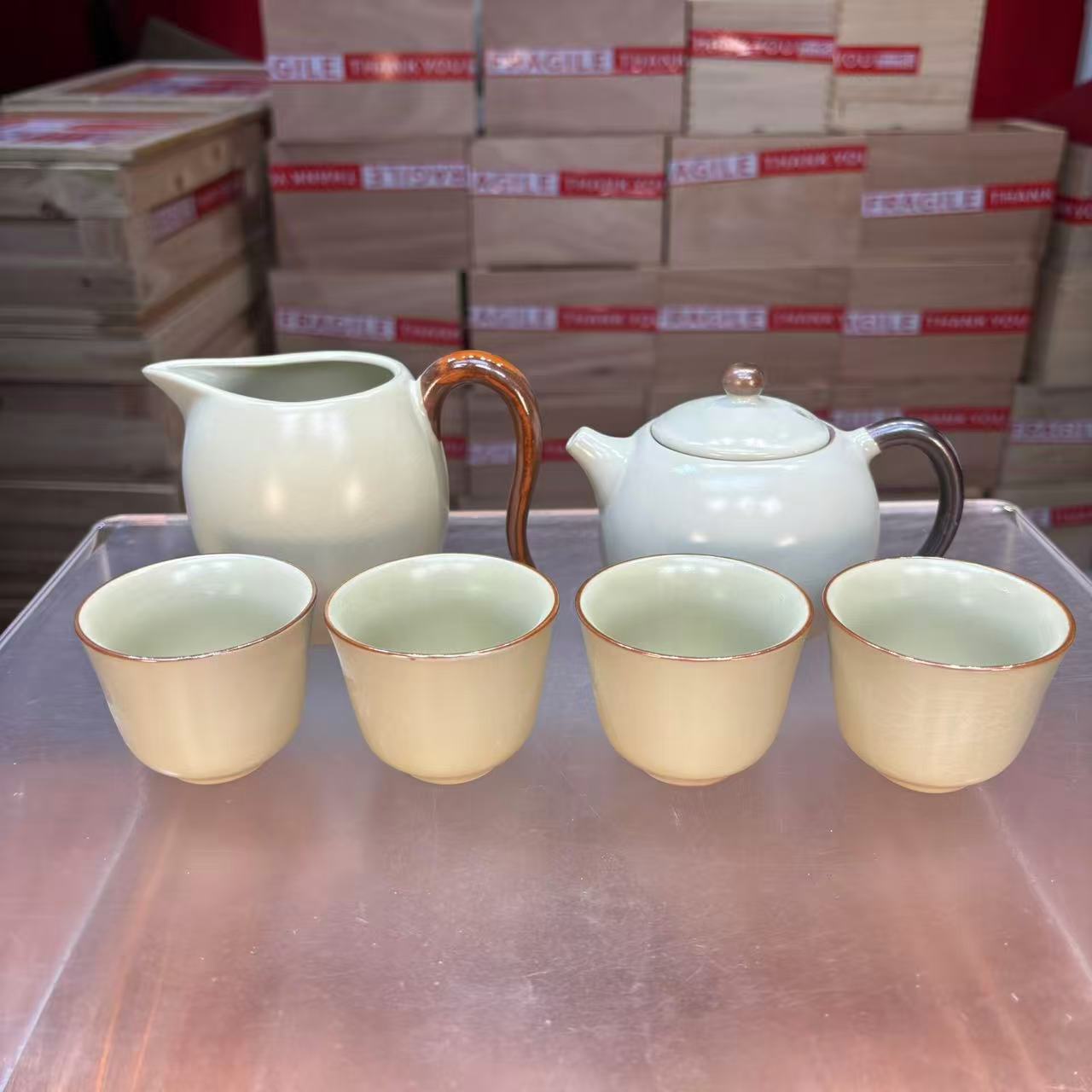 秋香茶具 黄汝窑西施壶一壶四杯+公道杯小套装-8930-2401