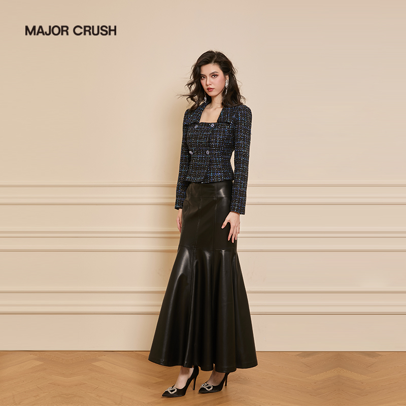 MAJOR CRUSH秋冬黑色复古优雅显瘦粗花呢黑色皮裙黑蓝色套裙55559