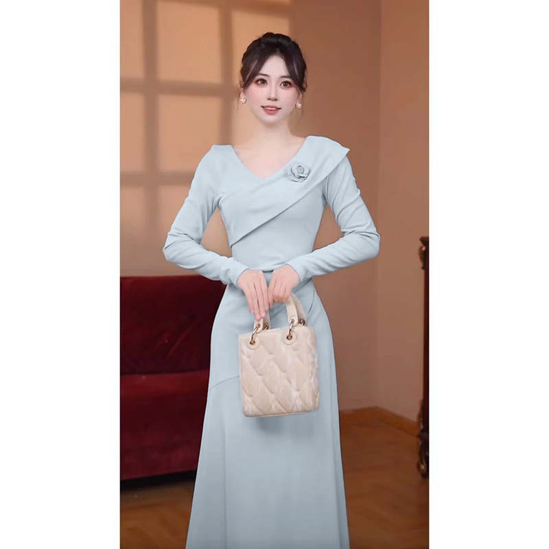 【替换】【蓝】【无拉链】【送胸花】温柔风长裙长袖连衣裙女D4012