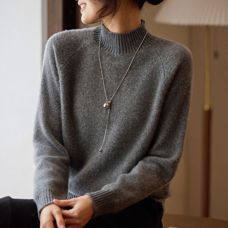 重磅加厚无缝一体半高领针织衫女2025新款宽松显瘦长袖打底衫毛衣