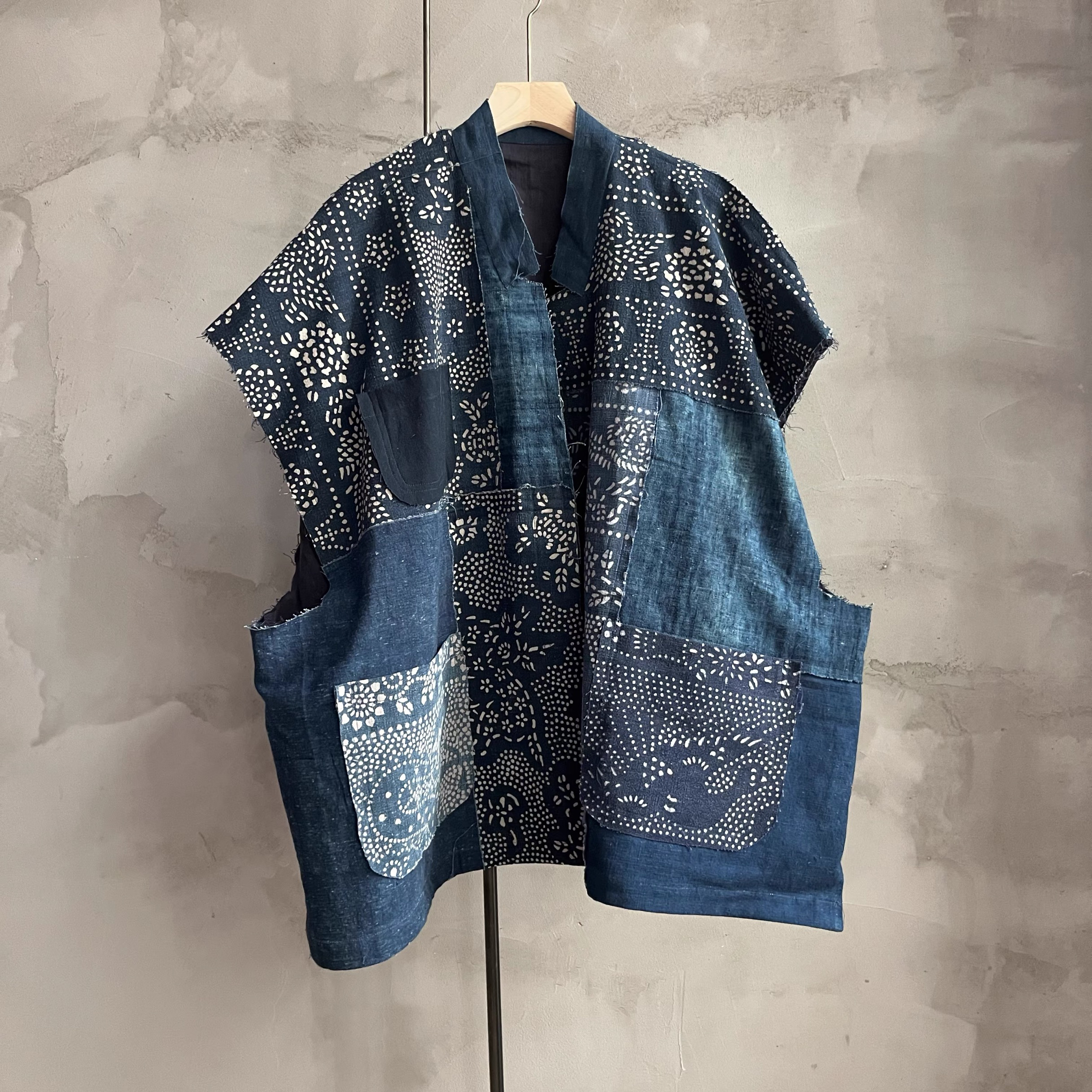 沉香布衣草堂蓝染双层马甲拼豆染老布外搭开衫马夹随拼C25a09193