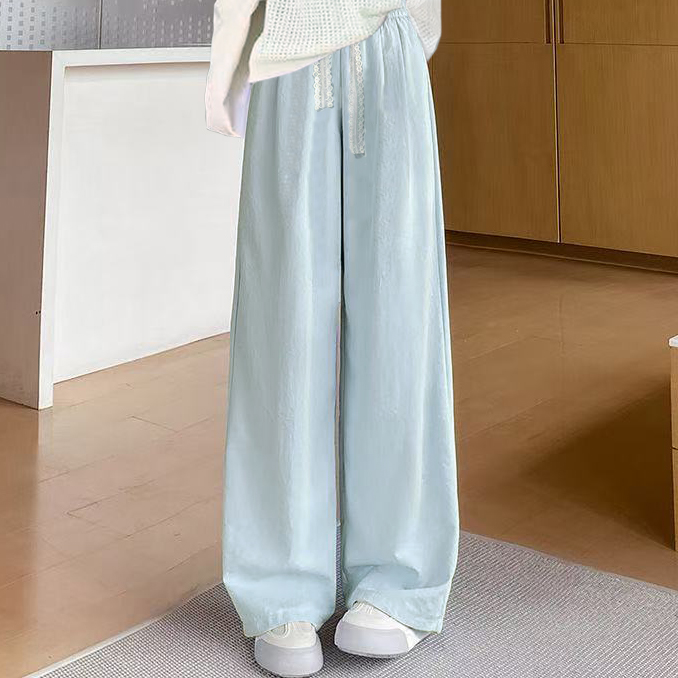 女士薄款蕾丝抽绳直筒裤春夏新款高腰显瘦亲肤百搭长裤2671